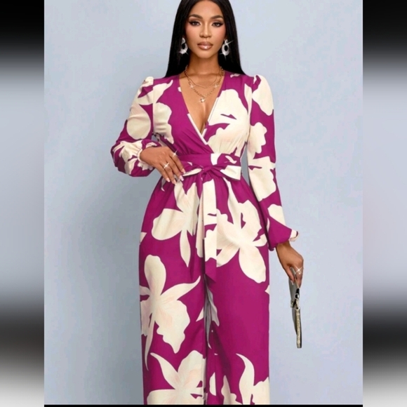 For Everyday Wear Elegant Allover Print Lantern Sleeve Wide Leg Jumpsui - Picture 6 of 6